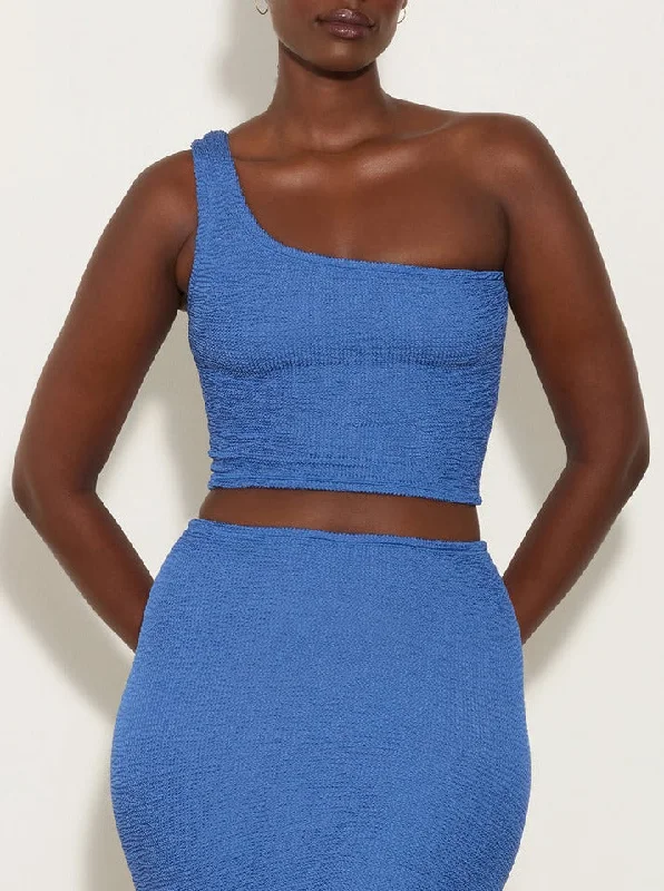 Women's sleep tops for cozy night in-Hunza G: Neoma One Shoulder Bikini Top - Metallic Denim Women's sleep tops for cozy night in-Hunza G: Neoma One Shoulder Bikini Top - Metallic Denim