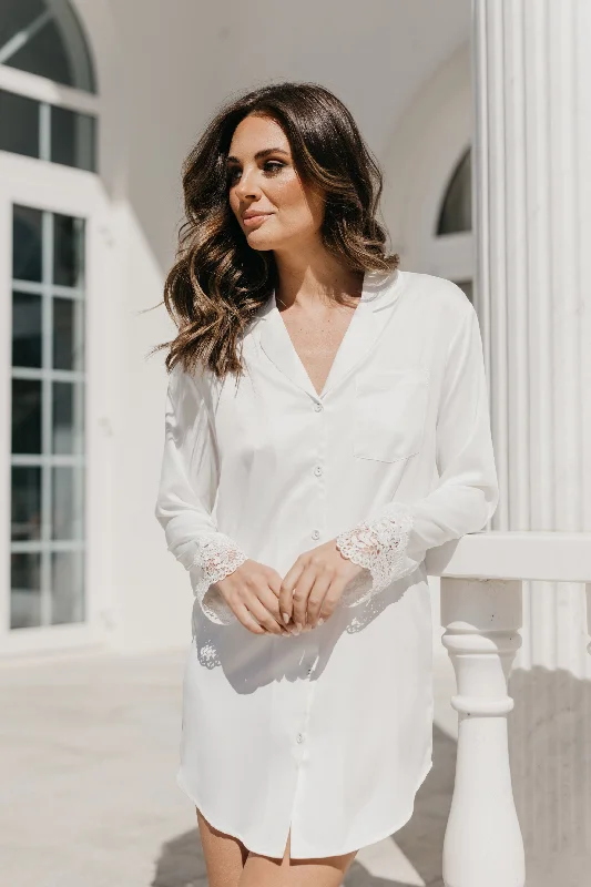 Soft women's sleep tops with comfy details-Ina Satin Lace Trim Sleep Shirt