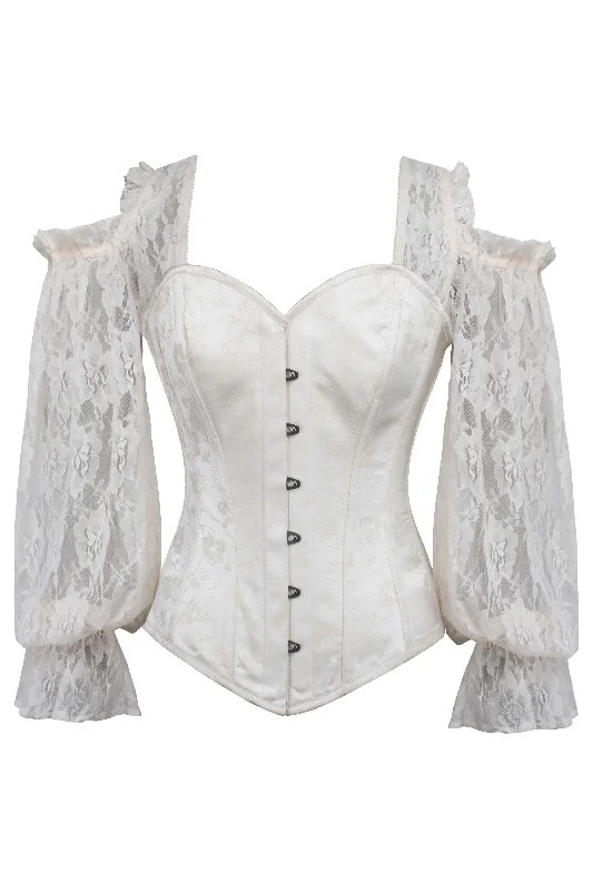 Bustiers and corsets for romantic occasions-Ivory Brocade Overbust with Lace Sleeves