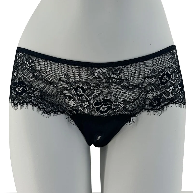 Bustiers and corsets for creating defined waist-JSY Crotchless Sheer Lace & Tie-Up Ribbon Bow Thong