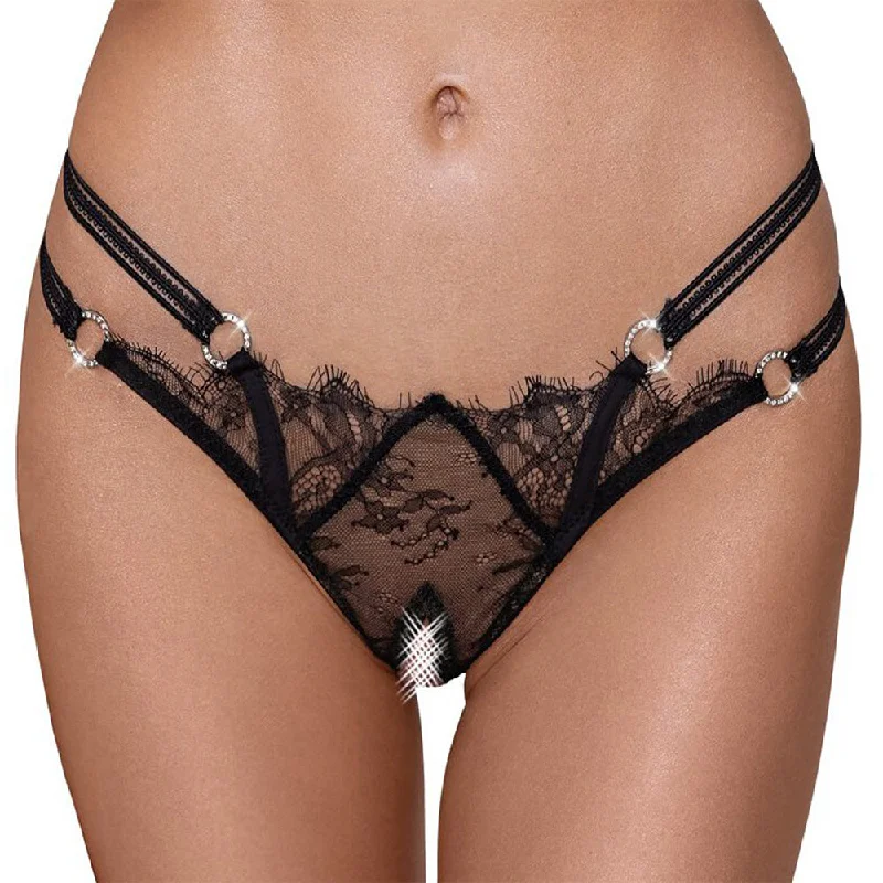 Bustiers and corsets for shaping and lifting-JSY Strappy Split-Crotch Sheer Eyelash Lace Thong
