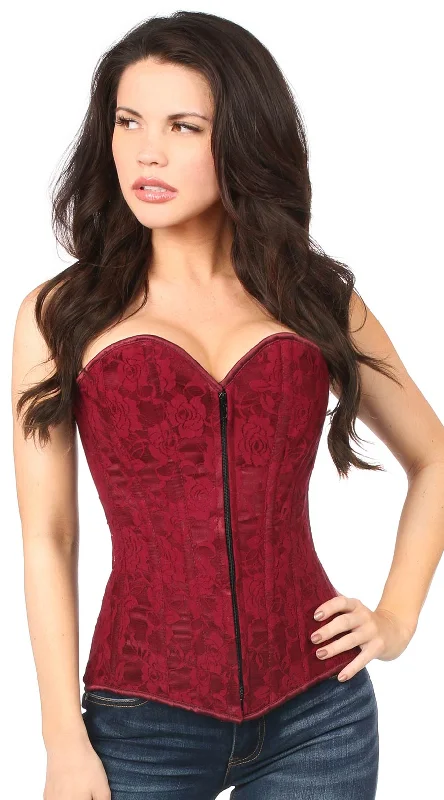 Bustiers and corsets with mesh fabric-Lace Overbust Corset with Zipper in Wine