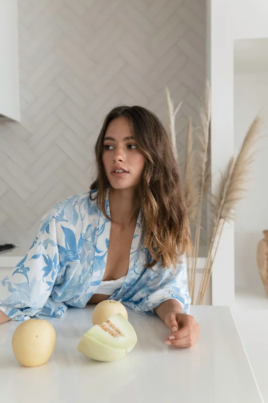 Women's sleep tops for cozy night in-Dream With Me Silk Blend Lily Robe | Light Blue