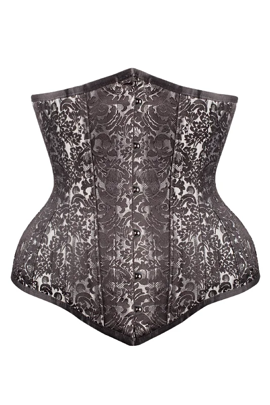 Bustiers and corsets with steel boning-Long Elegant Silver Brocade Expert Waist Training Underbust Corset