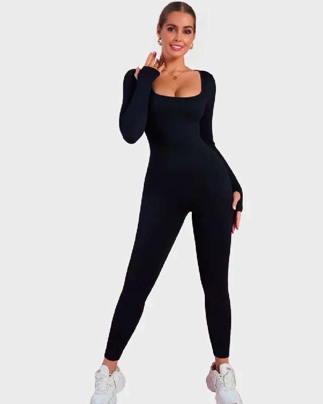 Bustiers and corsets for smooth bust silhouette-Long Sleeve Square Neck Full Body Shaper Jumpsuit