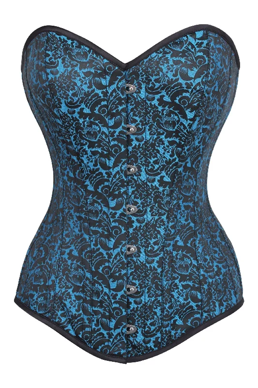 Bustiers and corsets with adjustable straps-Long Turquoise Brocade Pattern Corset With Hip Gores Bustiers and corsets with adjustable straps-Long Turquoise Brocade Pattern Corset With Hip Gores