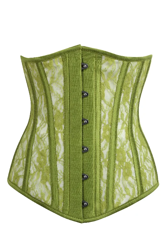 Bustiers and corsets for formal events-Longline Green Mesh Underbust Corset with Floral Lace Bustiers and corsets for formal events-Longline Green Mesh Underbust Corset with Floral Lace