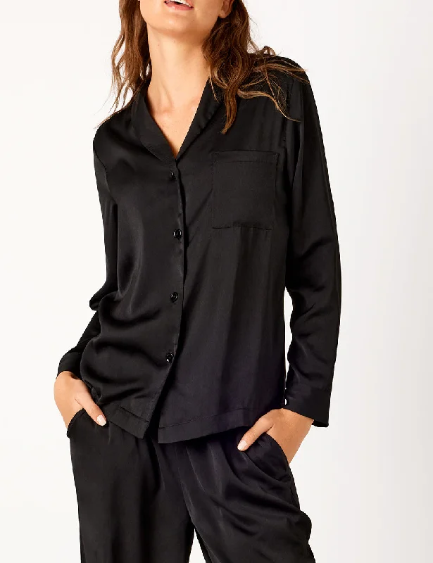 Trendy women's sleep tops with floral designs-Lounge Recycled Poly Satin Long Sleeve Shirt - Black Trendy women's sleep tops with floral designs-Lounge Recycled Poly Satin Long Sleeve Shirt - Black