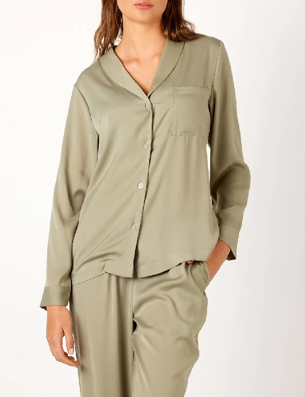 Women's sleep tops for smooth, soft feel-Lounge Recycled Poly Satin Longe Sleeve Shirt - Pistachio Women's sleep tops for smooth, soft feel-Lounge Recycled Poly Satin Longe Sleeve Shirt - Pistachio