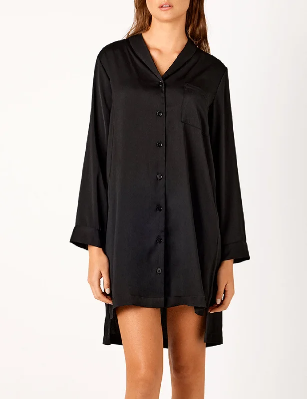 Comfortable women's sleep tops for every season-Lounge Recycled Poly Satin Nightshirt - Black Comfortable women's sleep tops for every season-Lounge Recycled Poly Satin Nightshirt - Black
