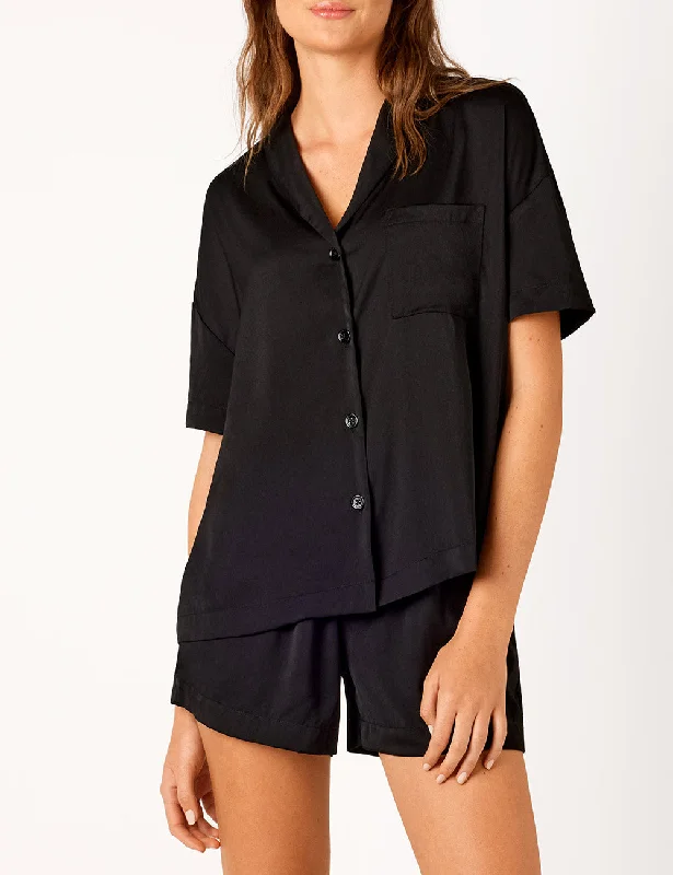 Comfortable women's sleep tops for cozy nights-Lounge Recycled Poly Satin Short Sleeve Shirt - Black Comfortable women's sleep tops for cozy nights-Lounge Recycled Poly Satin Short Sleeve Shirt - Black