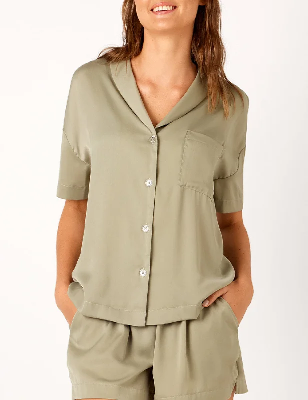 Cozy sleep tops for women with soft cotton feel-Lounge Recycled Poly Satin Short Sleeve Shirt - Pistachio