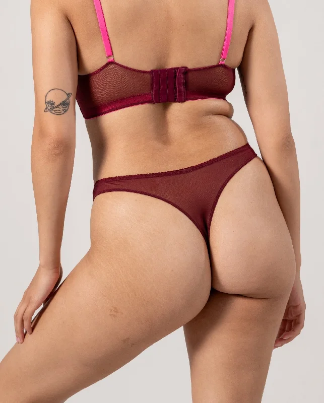Women's panties with supportive fit for larger bodies-Mesh Thong Burgundy