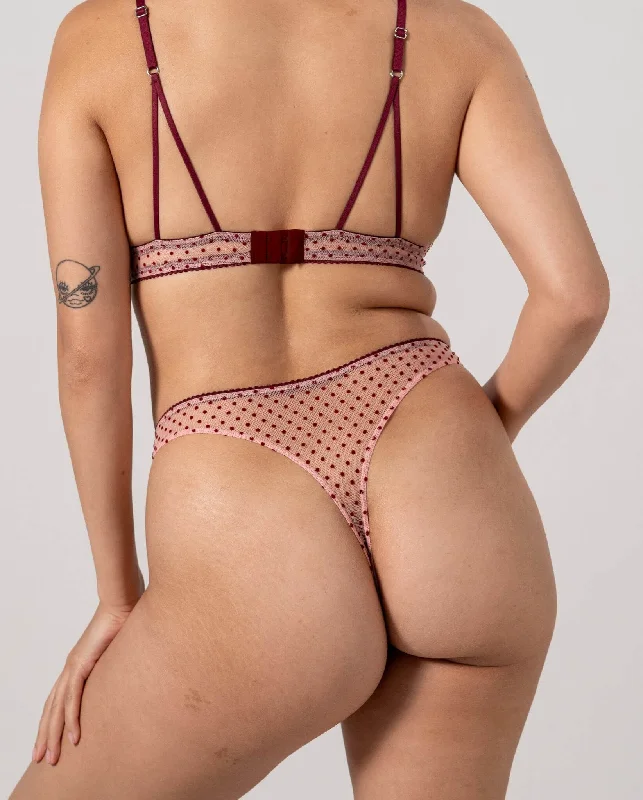 Lace thong panties for sensual look-Mesh Thong Pale Pink/Burgundy