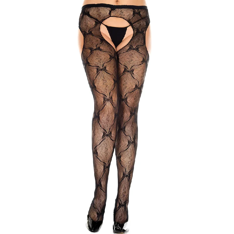 Bustiers and corsets for sexy outfits-Music Legs Sheer Bow Lace Crotchless Suspender Pantyhose - Curvy