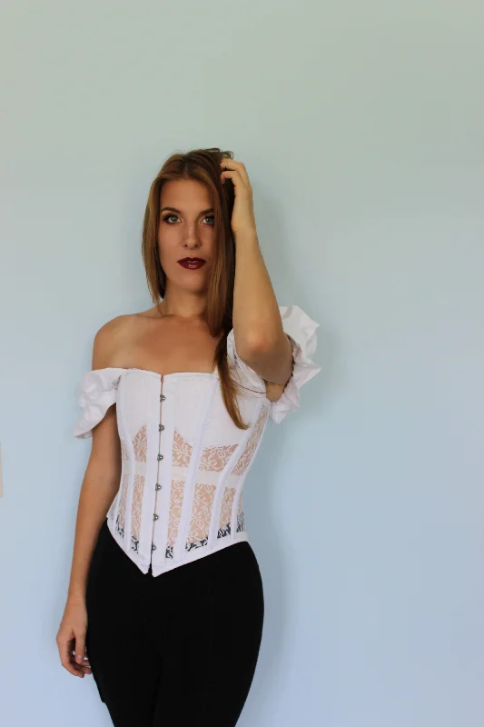 Bustiers and corsets for waist slimming-Overbust mesh authentic corset with cups and sleeves. Bustiers and corsets for waist slimming-Overbust mesh authentic corset with cups and sleeves.
