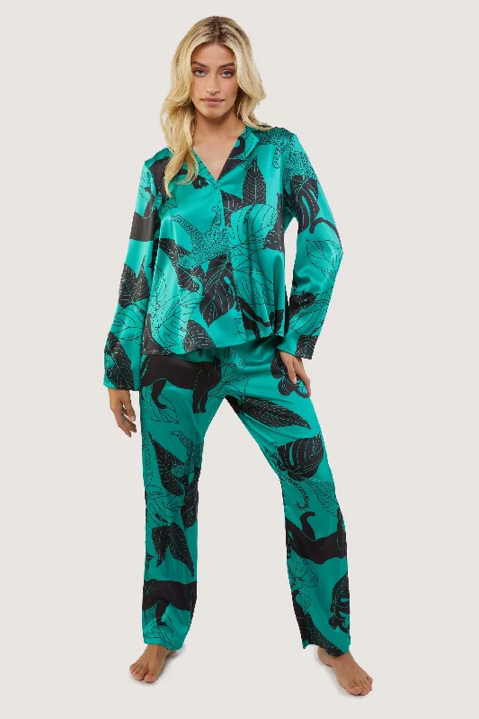 Comfortable sleep tops for women with soft fabric-Green Panther Print Satin Pyjama Set Comfortable sleep tops for women with soft fabric-Green Panther Print Satin Pyjama Set