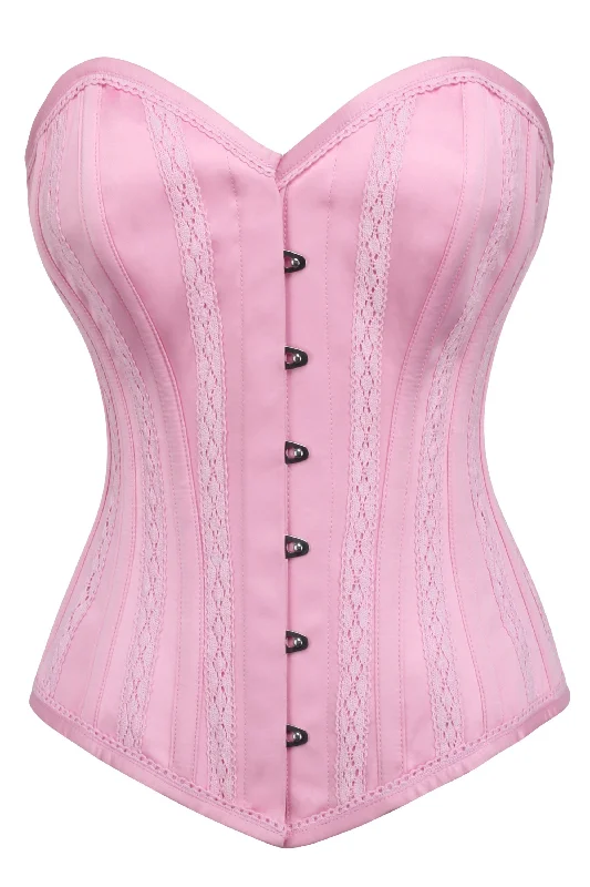 Bustiers and corsets for nightwear-Pink Satin Overbust Corset with Lace Trims