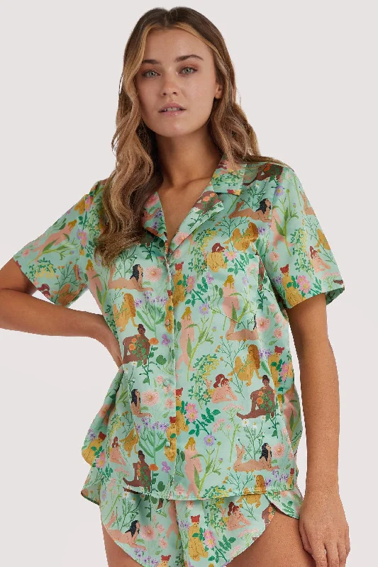 Cozy cotton women's sleep tops for bedtime relaxation-Bodil Jane Recycled Nudes & Flowers Short Sleeved Shirt Cozy cotton women's sleep tops for bedtime relaxation-Bodil Jane Recycled Nudes & Flowers Short Sleeved Shirt