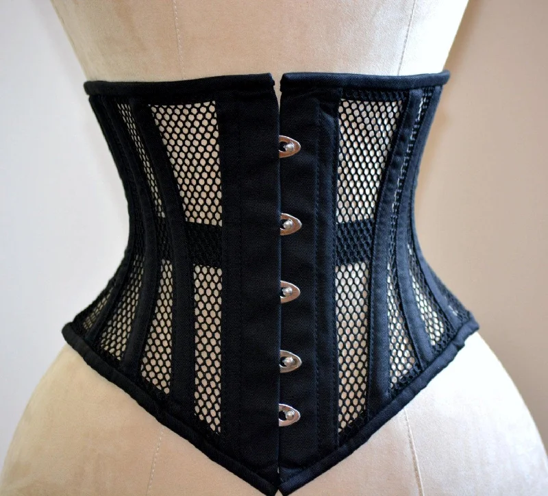 Bustiers and corsets with flexible boning-Real steel boned underbust underwear corset from transparent mesh and cotton.
