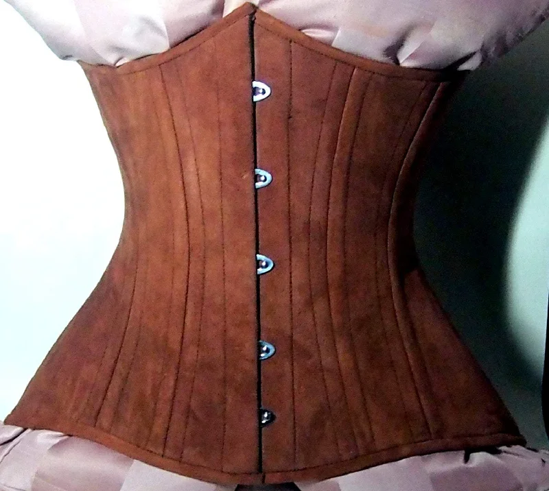 Bustiers and corsets for figure enhancement-Real double row steel boned underbust corset from real brown suede. Exclusive steampunk historical corset with double rows of bones.