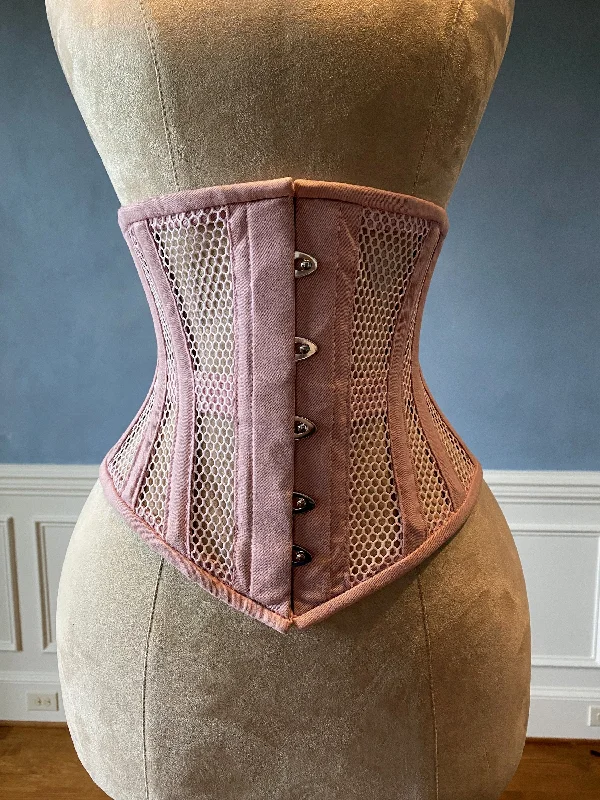 Bustiers and corsets for formal events-Real steel boned underbust underwear pink corset from transparent mesh and cotton. Real waist training corset for tight lacing. Bustiers and corsets for formal events-Real steel boned underbust underwear pink corset from transparent mesh and cotton. Real waist training corset for tight lacing.