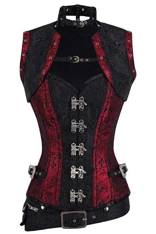 Bustiers and corsets for shaping bust-Red and Black Brocade Steampunk Overbust Corset with Swing Hooks and Shrug Bustiers and corsets for shaping bust-Red and Black Brocade Steampunk Overbust Corset with Swing Hooks and Shrug