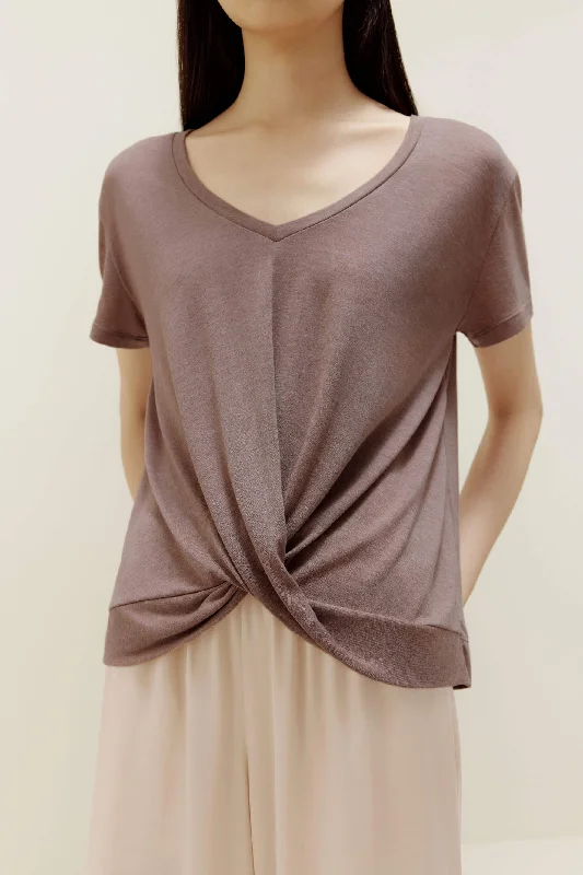 Stylish women's sleep tops with minimalistic look-Short Sleeve Drape-Front Sweater