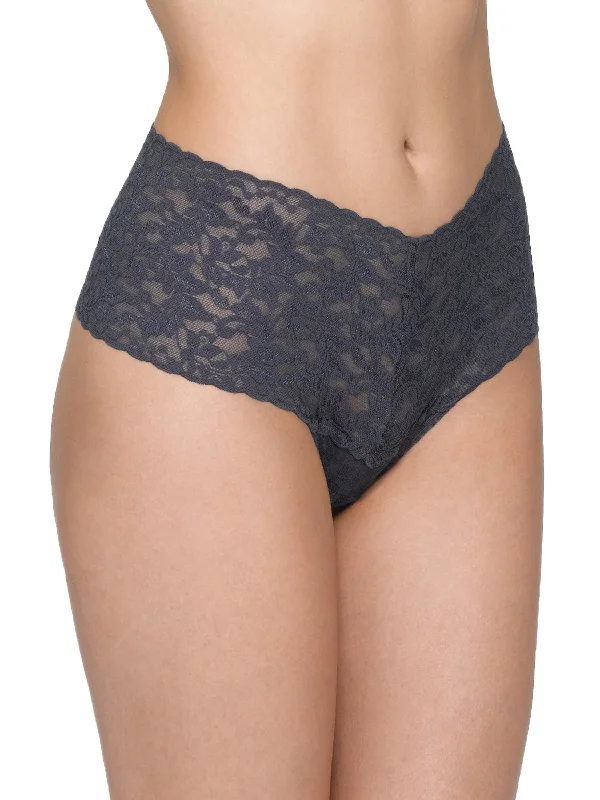 Women's panties with supportive waistband for extra comfort-Retro Lace Thong Granite Grey
