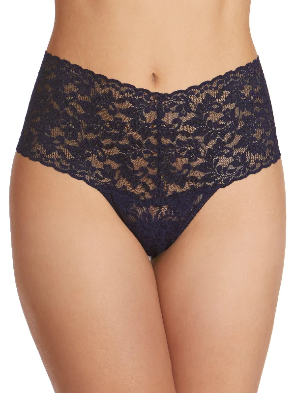 Women's panties with wide waistbands for extra comfort-Retro Lace Thong Navy