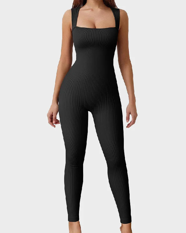 Bustiers and corsets for body shaping-Ribbed Square Neck Sleeveless Workout Jumpsuit Bustiers and corsets for body shaping-Ribbed Square Neck Sleeveless Workout Jumpsuit