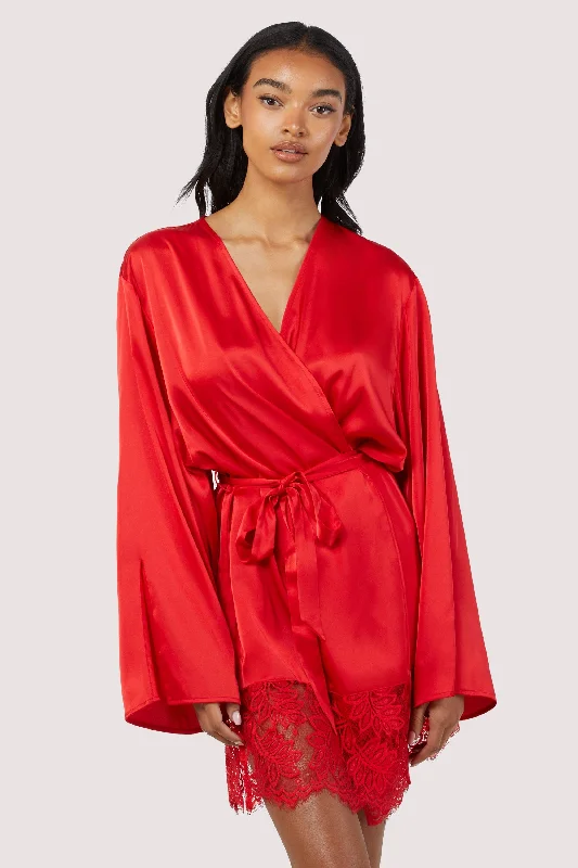 Soft women's sleep tops with comfy details-Rosie Red Satin and Lace Robe