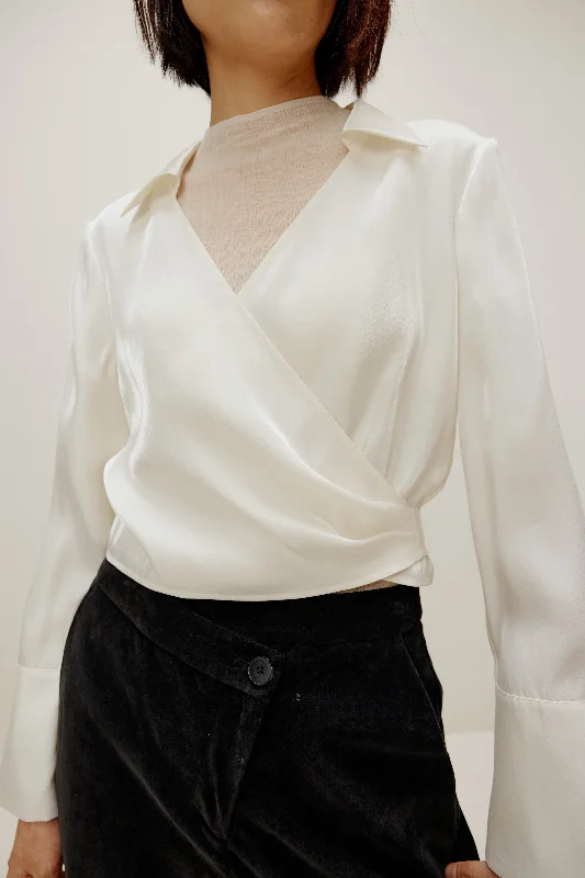 Soft satin sleep tops for women-Satin Wrap Shirt