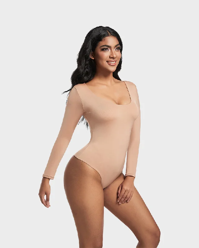Bustiers and corsets for feminine style-Seamless Sculpt Long Sleeve Scoop Neck Thong Bodysuit