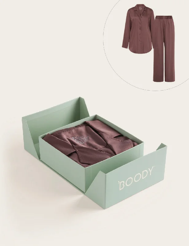 Women's sleep tops with soft texture for deep sleep-Set Giftbox - Vegan Silk Long Sleeve Sleep Shirt & Wide Leg Sleep Pant - Garnet Women's sleep tops with soft texture for deep sleep-Set Giftbox - Vegan Silk Long Sleeve Sleep Shirt & Wide Leg Sleep Pant - Garnet
