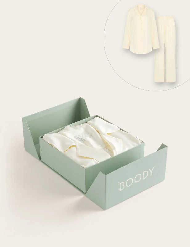 Women's sleep tops with chic design for comfort-Set Giftbox - Vegan Silk Long Sleeve Sleep Shirt & Wide Leg Sleep Pant - Pearl Women's sleep tops with chic design for comfort-Set Giftbox - Vegan Silk Long Sleeve Sleep Shirt & Wide Leg Sleep Pant - Pearl