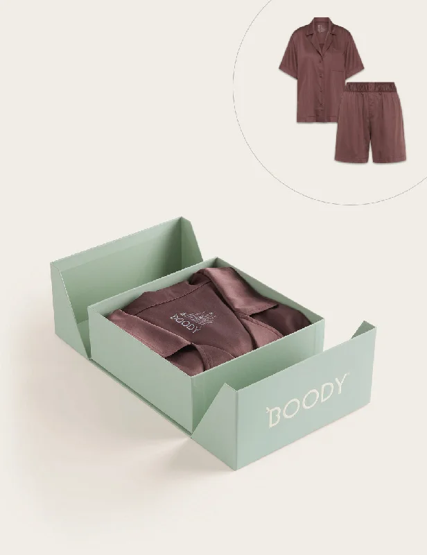 Soft women's sleep tops with classic design-Set Giftbox - Vegan Silk Short Sleep Shirt & Sleep Short - Garnet Soft women's sleep tops with classic design-Set Giftbox - Vegan Silk Short Sleep Shirt & Sleep Short - Garnet