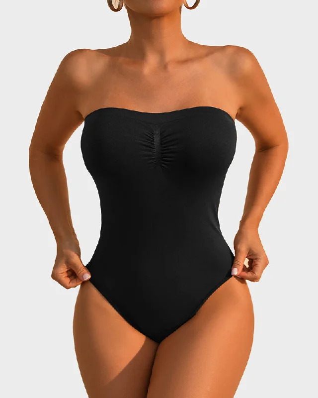 Bustiers and corsets for smoothing under dresses-Strapless Tummy Control Sculpting Bodysuit