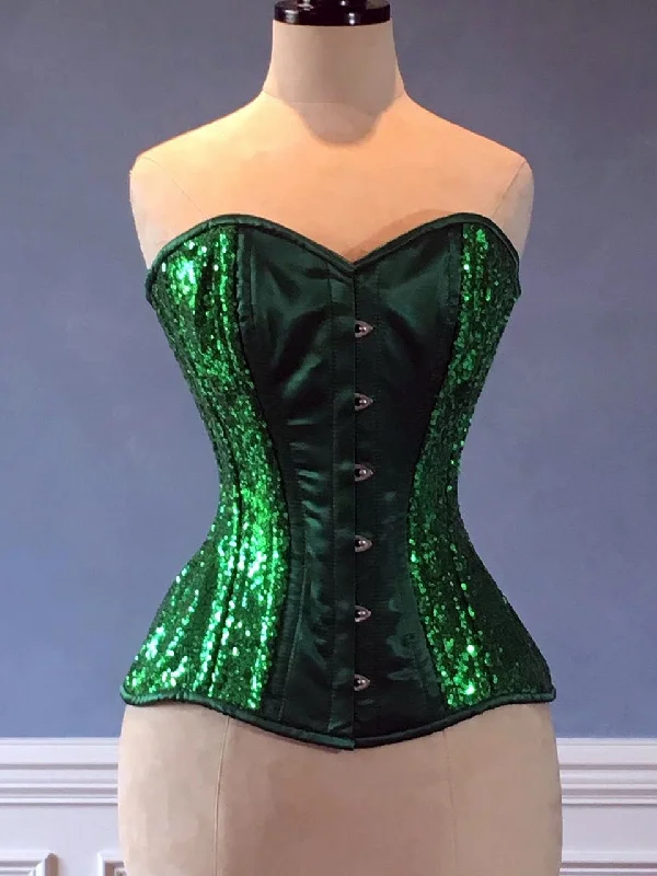 Bustiers and corsets for shaping bust and waist-Shiny sequins and satin overbust authentic corset with long hip-line. Steel-boned corset for tight lacing, Poison Ivy cosplay green corset