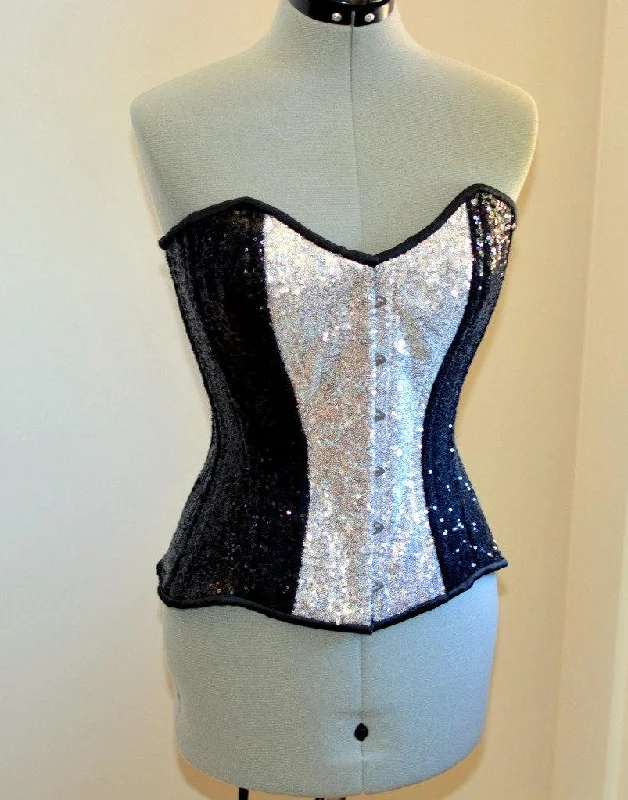 Bustiers and corsets with flexible boning-Shiny sequins overbust authentic corset with long hip-line. Steel-boned for tight lacing. Prom, shiny burlesque, cosplay, couture corset