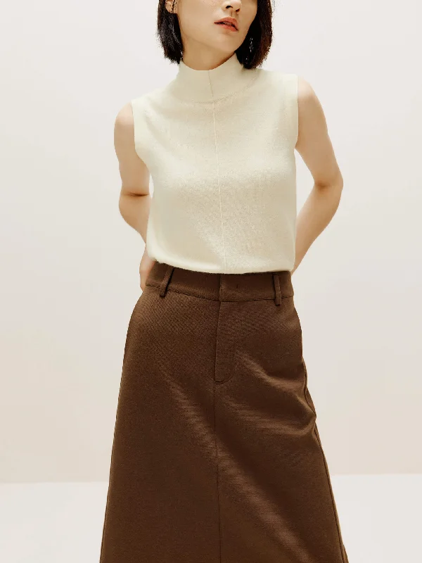 Women's sleep tops with delicate texture-Silky Wool Mock Neck Sleeveless Sweater