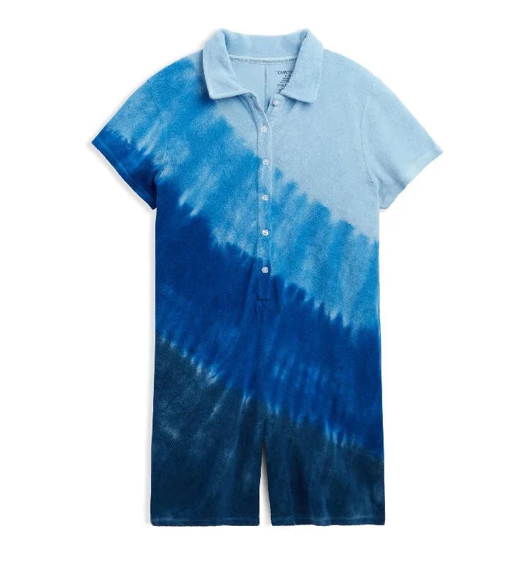 Women's sleep tops for warm weather sleep-Terry Playsuit - Blue Tie Dye