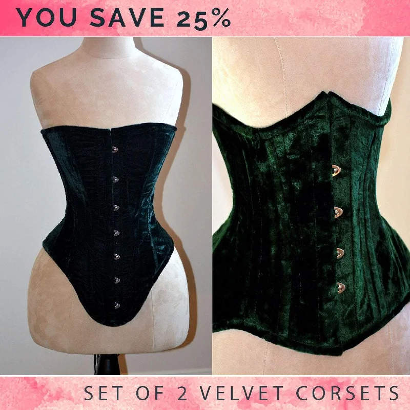 Bustiers and corsets with premium lace detailing-The set of 2 velvet best sellers: Edwardian overbust and underbust corsets. Steelbone custom made corset, gothic, steampunk, victorian