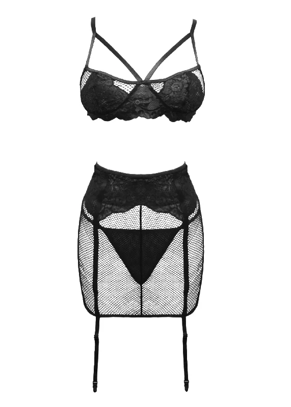Women's panties with adjustable straps for a perfect fit-Katie (Black) Fishnet Bralette, Thong & Suspender Skirt