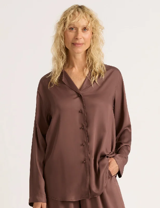 Cozy women's sleep tops with short sleeves-Vegan Silk Long Sleeve Sleep Shirt - Garnet Cozy women's sleep tops with short sleeves-Vegan Silk Long Sleeve Sleep Shirt - Garnet