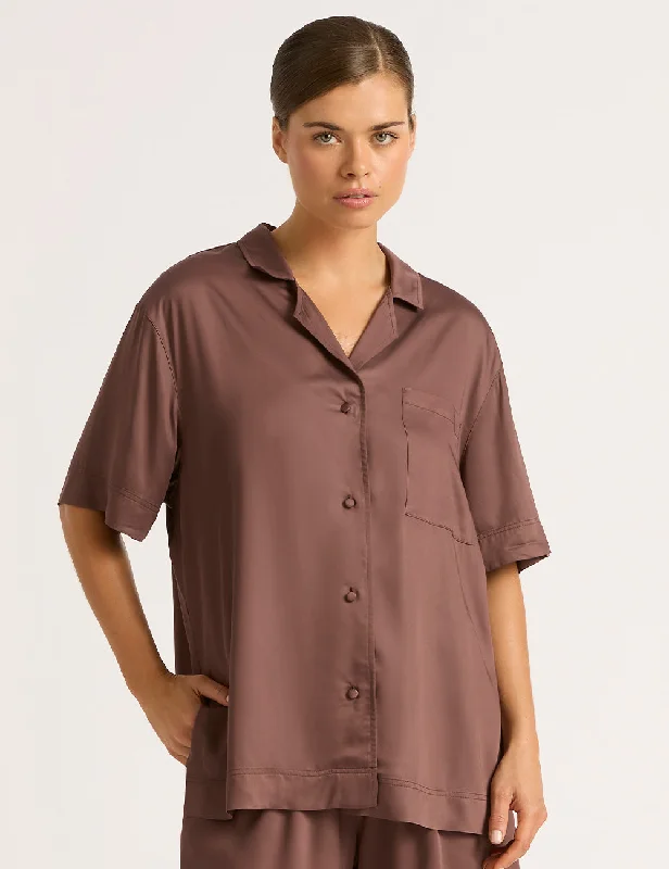 Women's sleep tops for a restful sleep-Vegan Silk Short Sleeve Sleep Shirt - Garnet