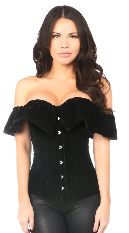 Bustiers and corsets for tightening tummy and waist-Velvet Off-The-Shoulder Steel Boned Corset in Black Bustiers and corsets for tightening tummy and waist-Velvet Off-The-Shoulder Steel Boned Corset in Black