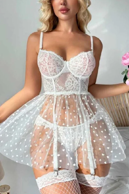 Sexy lingerie for elegant sensuality-White Enchanting Heart and Lace Babydoll