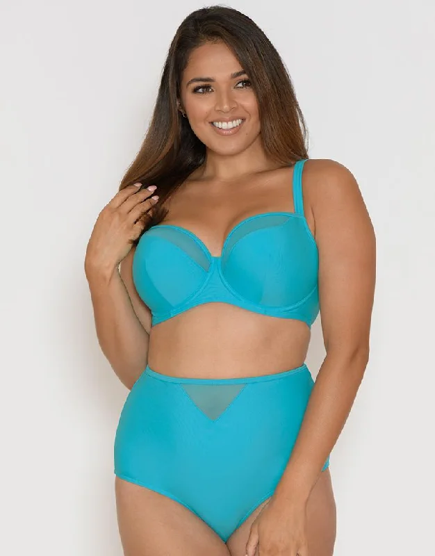 Women's panties for full-figured bodies-Curvy Kate Sheer Class Padded Balcony Bikini Top Turquoise Women's panties for full-figured bodies-Curvy Kate Sheer Class Padded Balcony Bikini Top Turquoise