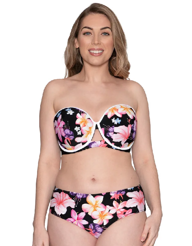 Women's panties with decorative lace details for luxury-Curvy Kate Tropicana Bandeau Bikini Top Black Print